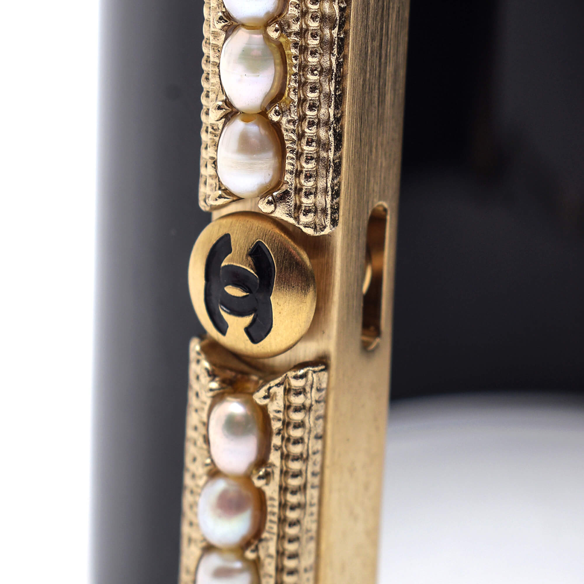 Chanel - Black Cc Logo And White Pearl Cuff Bracelet